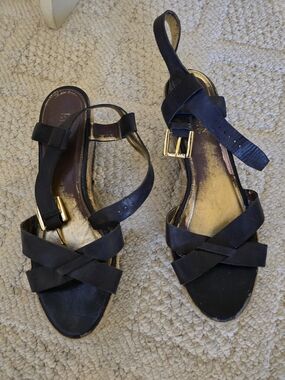 Ralph Lauren Navy Wedge Women's Sandals with Gold Accents